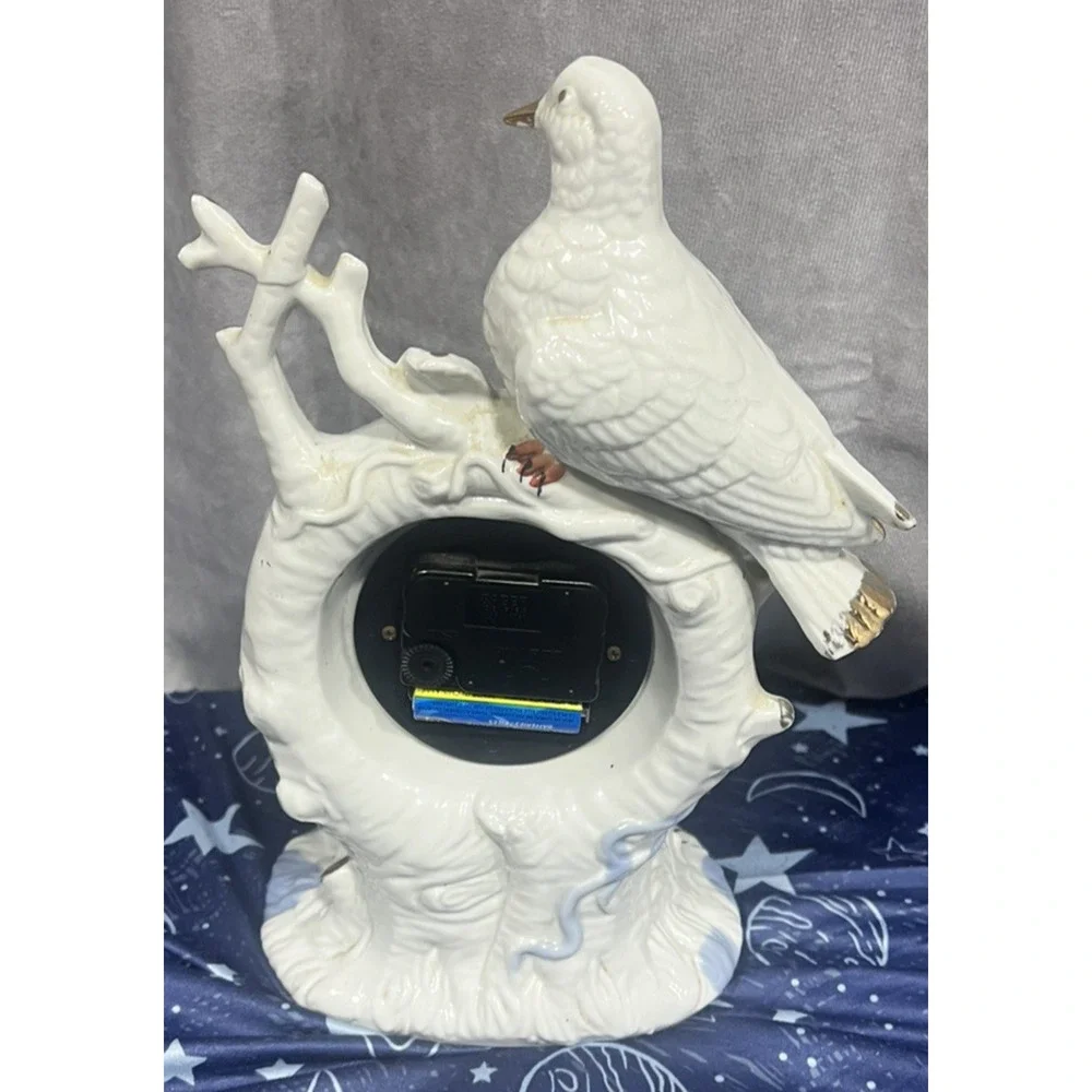 elegant vintage white iradecent ceramic clock birds doves purple roses works